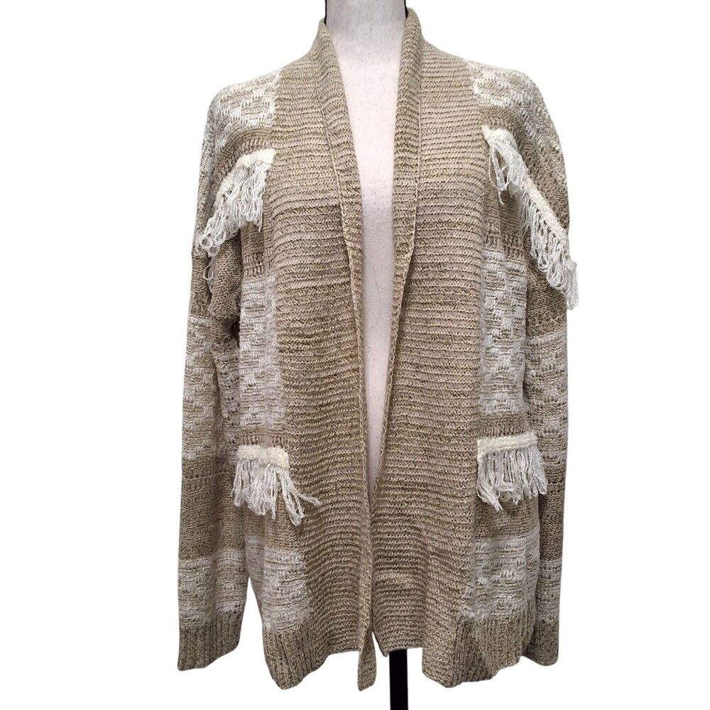 Natural Reflections Beige & Cream Open Front Fringe Cardigan Sweater L Boho